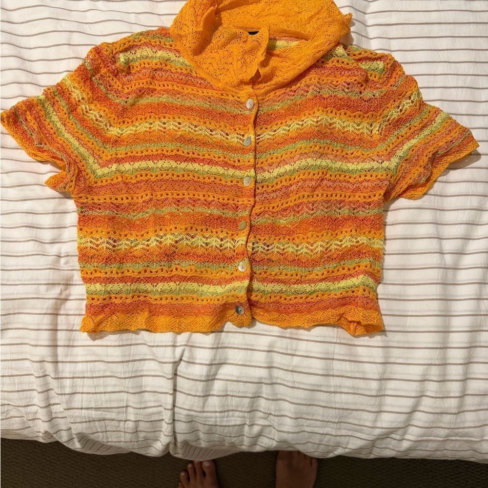 Zara Vibrant Orange and Yellow Crocheted Cropped Polo